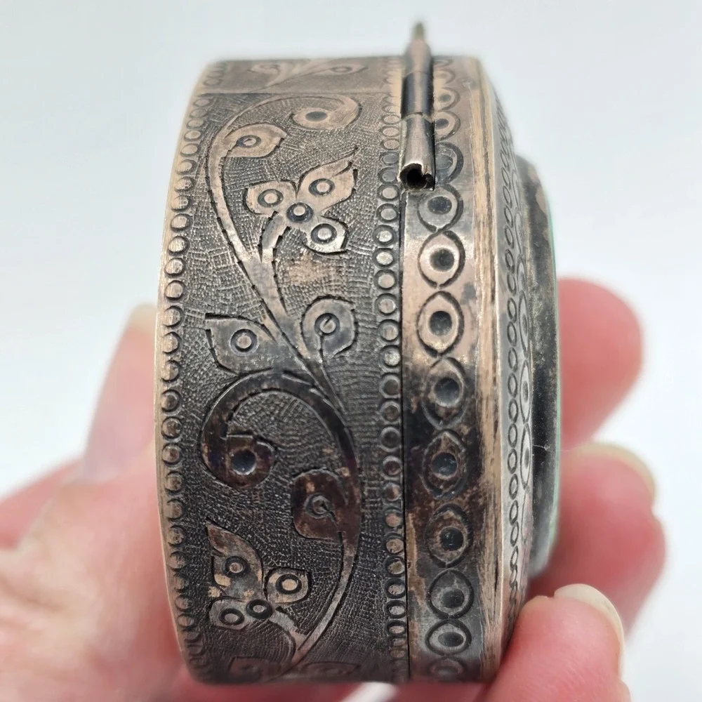 Vintage Antique Sterling Silver Malachite Stone Trinket Box‎